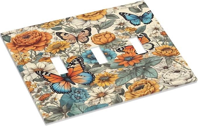Light Switch Cover Vintage Colorful Floral Butterfly Flowers 3 Gang Wall Plate Triple Light Switch Plate Toggle Decorative Outlet Covers Electrical Switchplate for Bathroom Bedroom Decor