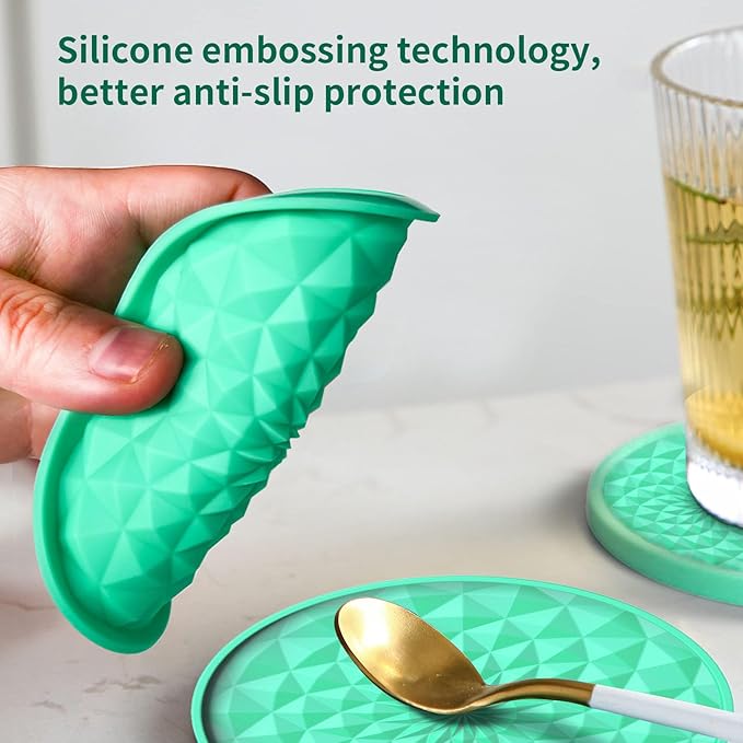 Cup Coasters Set of 6 with Holders Drink Coasters, Table Cup Mat, for Hot or Cold Drinks Thickened, Non-Slip, Non-Stick, Deep Tray Green