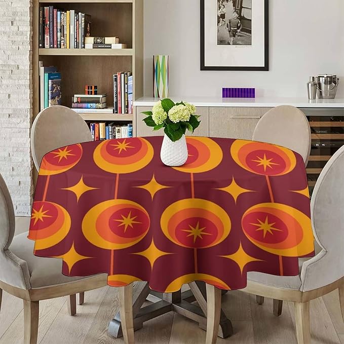 Modern Mid Century Round Tablecloth, Abstract Vintage Geometric Print Tablecloth for Home Party Dining Room Kitchen Decor 70Inch(178cm)