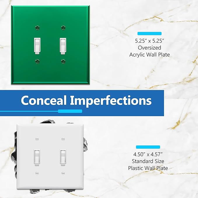 LIDER Reflective Acrylic Toggle Switch Wall Plate, Mirrored Light Switch Plate, Plexiglass Switch Cover, Acrylic Glass, Oversized 2-Gang 5.25" x 5.25", LWP-12O-AGR, Green