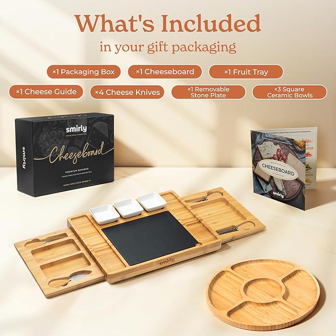 Smirly Charcuterie Board Set - Large Bamboo Cheese Board for Serving - House Warming Gifts New Home, Wedding & Bridal Shower Gift, Birthday Gift for Women