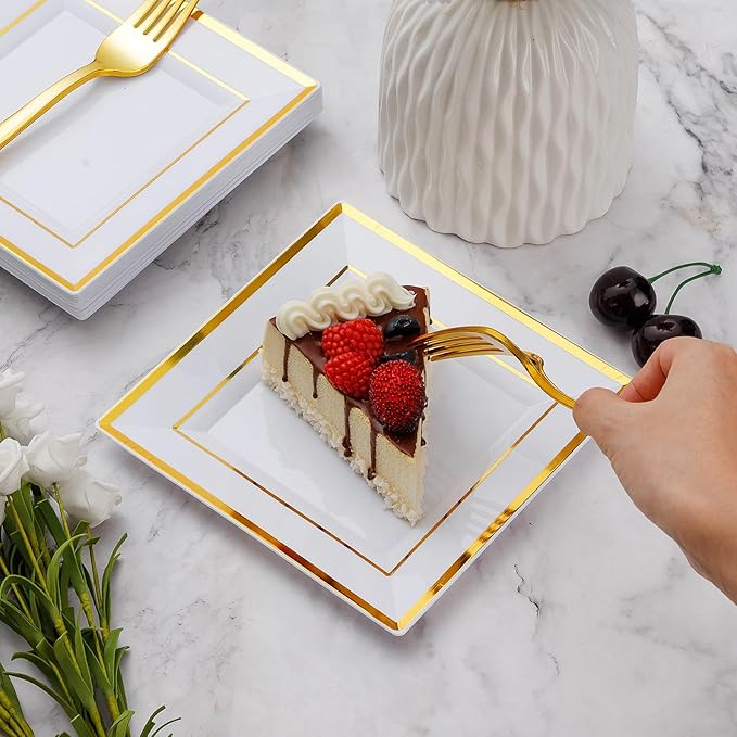 Goodluck 240PCS 6.5" Square Gold Dessert Plastic Plates with 7.4" Forks, Gold Appetizer Plates for 120 Guests, Including 120 Disposable Cake Plastic Plates and 120 Forks for Wedding/Birthday Party