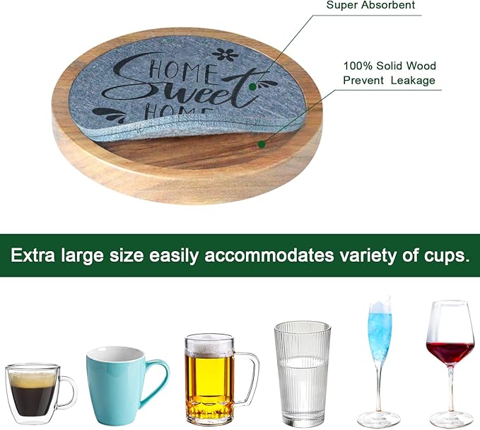 Coasters for Drinks with Holder, Wood Coasters for Drinks Housewarming Gifts for Home Decoration Coasters Sets of 6 4.3 Inch Gray