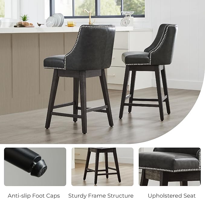 CHITA Counter Height Swivel Bar Stools Set of 3, FSC Certified Upholstered Counter Stools, Modern Swivel Barstools with Wood Legs for Kitchen Island, 26" Seat Height, Faux Leather in Retro Grey