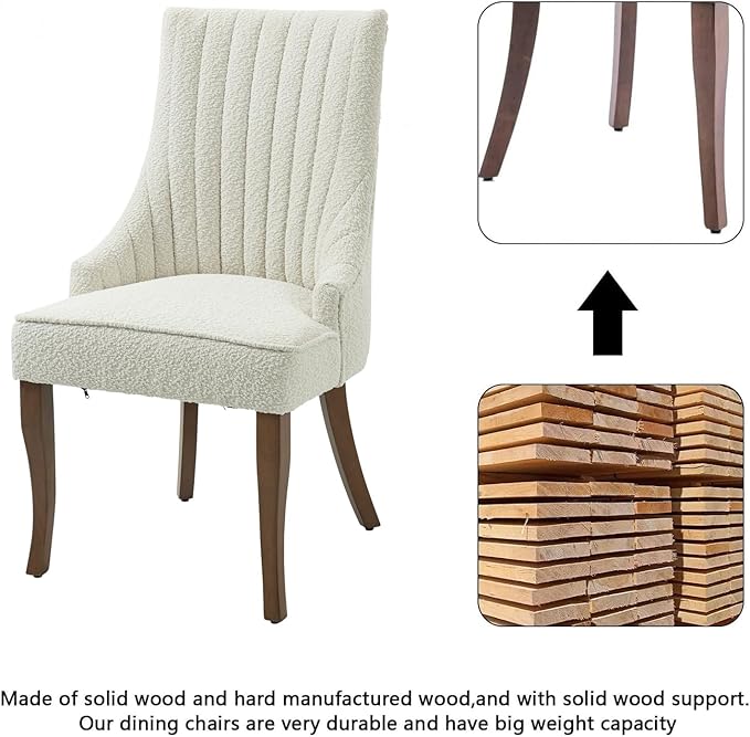 mikibama Boucle Dining Chairs Set of 6 Channel Tufted Kitchen Dinner Chair Comfy Teddy Fabric Upholstered Accent Chair for Dining Room with Solid Wood Legs (Off White 6pc)