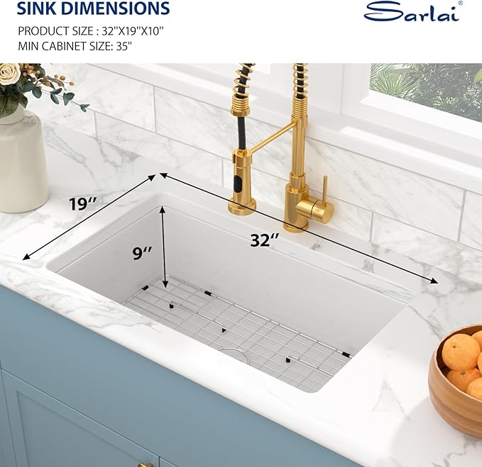 Sarlai 32 Inch White Undermount Sink Fireclay 32x19 Inch Dual Drop in & Undermount Kitchen Sink Porcelain Ceramic Single Bowl Deep Basin