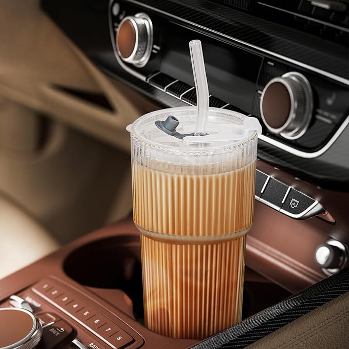 6 Pack 20 Oz Glass Cups with Lids and Straws Iced Coffee Cups Vintage Ribbed Glassware for Beer Ice Coffee Fruit Juice Elegant Aesthetic Cup Glass Iced Coffee Tumbler Include 3 Cleaning Brushes