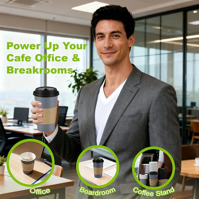 100 Pack 12 oz Disposable Coffee Cups with Lids and Sleeves, Leak-Proof To Go Coffee Cups, PLA Paper Coffee Cups for Hot Beverage