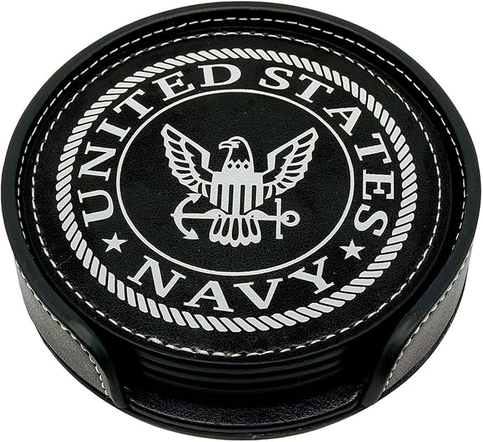 US Navy Leather Coaster Set - 4 Premium Coasters with Hot Stamped Foil Logo - Disabled Vet Owned Business-Navy Leather Coasters