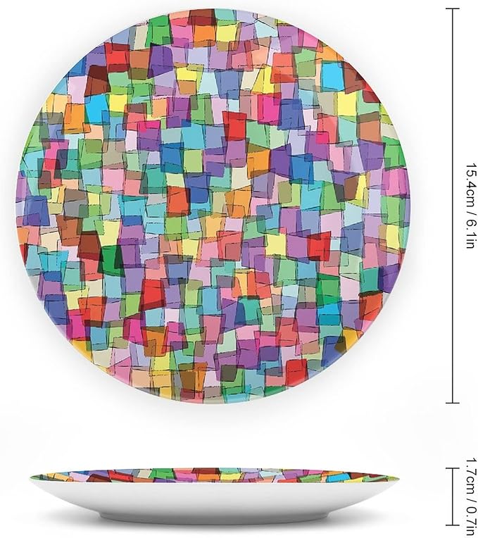 Decorative Plates, Abstract Print Ornament, Mosaic Tile Pattern Colorful Squares Cubes, 7 Inch, 1 Plate with 1 Display Stand, Multicolor
