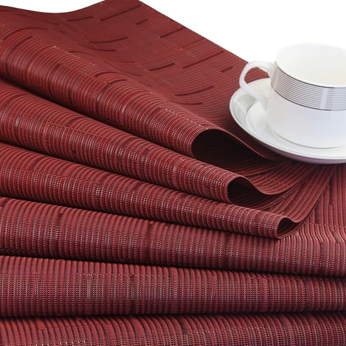 Vinyl Placemats,Washable Table Mats Easy to Clean Woven Placemats for Dining Table Set of 4 (Burgundy Red)