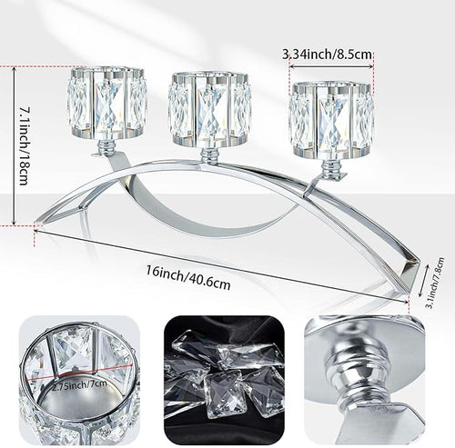 3 Arms Crystal Candle Holders, Arch Candlestick Table Candelabras Centerpieces for Wedding, Dinning Room, Cabinet Ornaments, Home Decoration， Gift (Silver, 2 Pcs-3 Arm Arched)