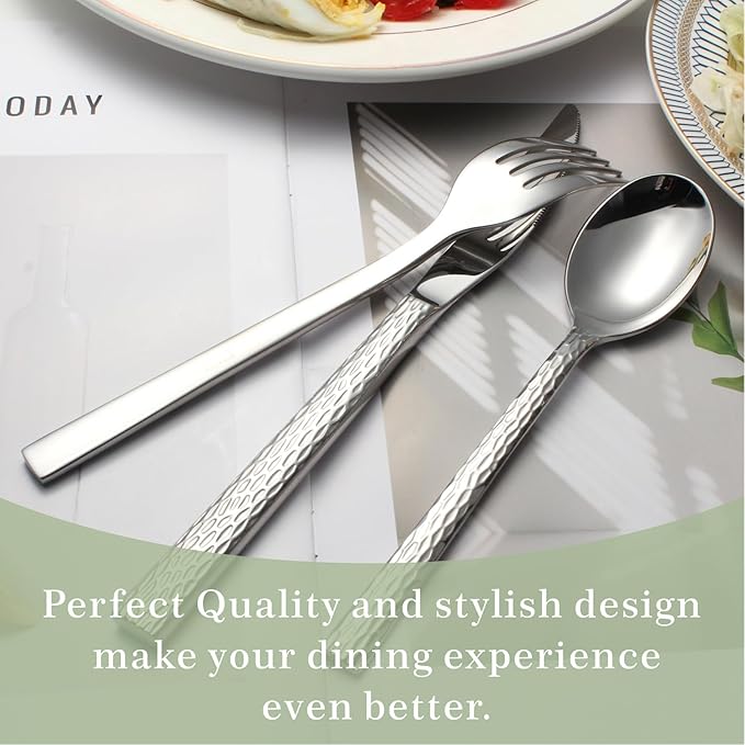 Hammered Silverware Set for 4, 20-Piece Stainless Steel Flatware Cutlery Set, Includes Dinner Knives,Dinner Forks, Tea Spoons, Dinner Spoons, Salad forks, Mirror Polished - Dishwasher Safe