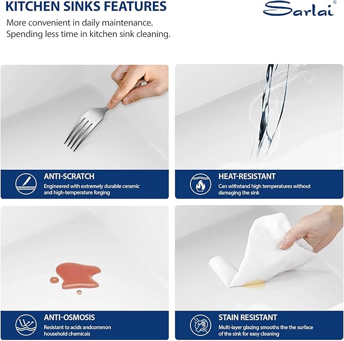 Sarlai 33 Inch Farmhouse Sink White Kitchen Sink Apron Front 33 x 20 Ledge Workstation Farm Fireclay Porcelain Ceramic Undermount Farmer Farm Kitchen Sinks Basin With Gold Drainer