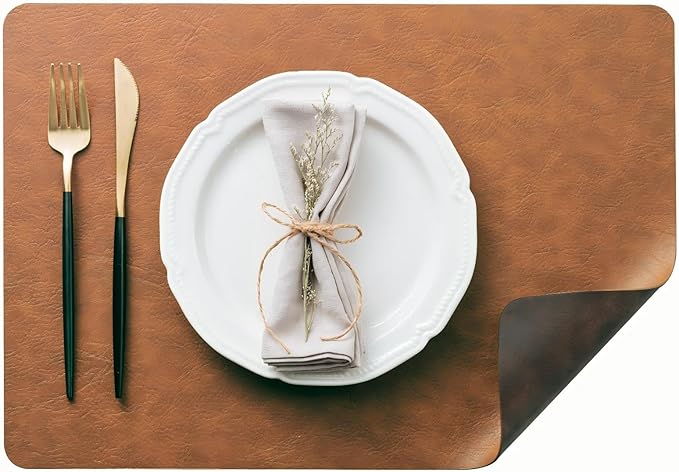 DOLOPL Thanksgiving Placemats Set of 8 Reversible Dual-Color Table Placemats – Heat Resistant Wipeable & Washable Place Mats, Luxury Faux Leather Table Mats for Table Decor (Reddish Brown & Brown)