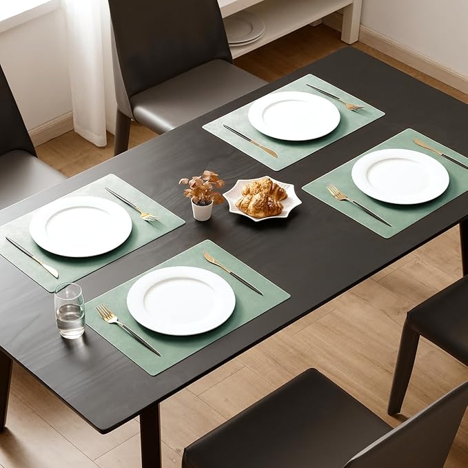 MOSAYT Vinyl Placemats Set of 8-12 X 17 Inch - Faux Leather 100% Waterproof Oil-Proof Wipeable PU Place Mats, Heat Resistant Reversible Table Mats for Kitchen, Dining, Outdoor (Green)
