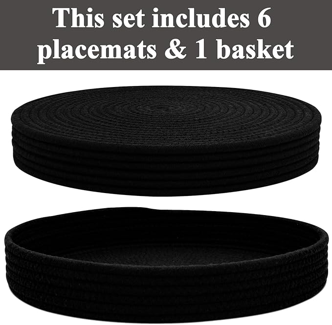 Round Placemats Set of 6 with Holder, Cotton Rope Woven Place Mats, Hot Pads for Kitchen, Heat Resistant Table Mats, 13 Inch Farmhouse Washable Braided Placemat for Kitchen Decor (Black)