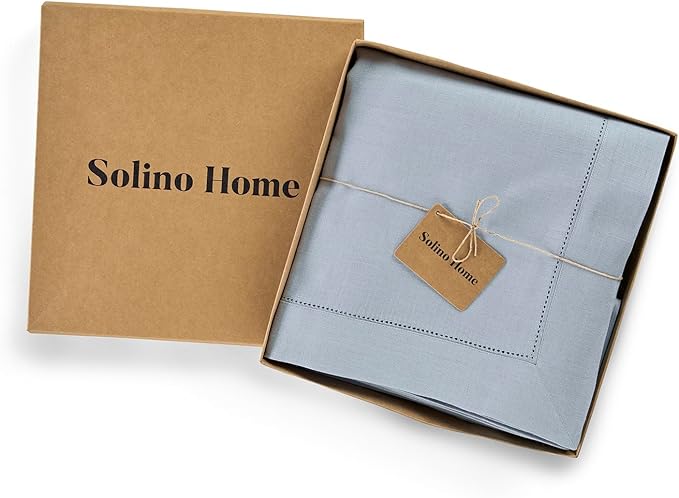 Solino Home Dusty Blue Linen Tablecloth 60 x 156 Inch - 100% Pure Linen Hemstitch Table Cloth for Rectangle Tables - Classic Hemstitch, Machine Washable Tablecloth for Winter, Spring, Easter