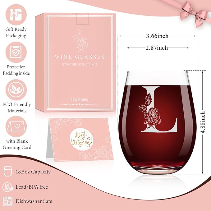 Valentines Day Gifts for Her, Gifts for Women Her Friend Mom Grandma Wife Sister Bridesmaid Nurse, Birthday Galentines Mothers Day Christmas, Personalized Initial Customized Wine Glasses 18OZ(L)