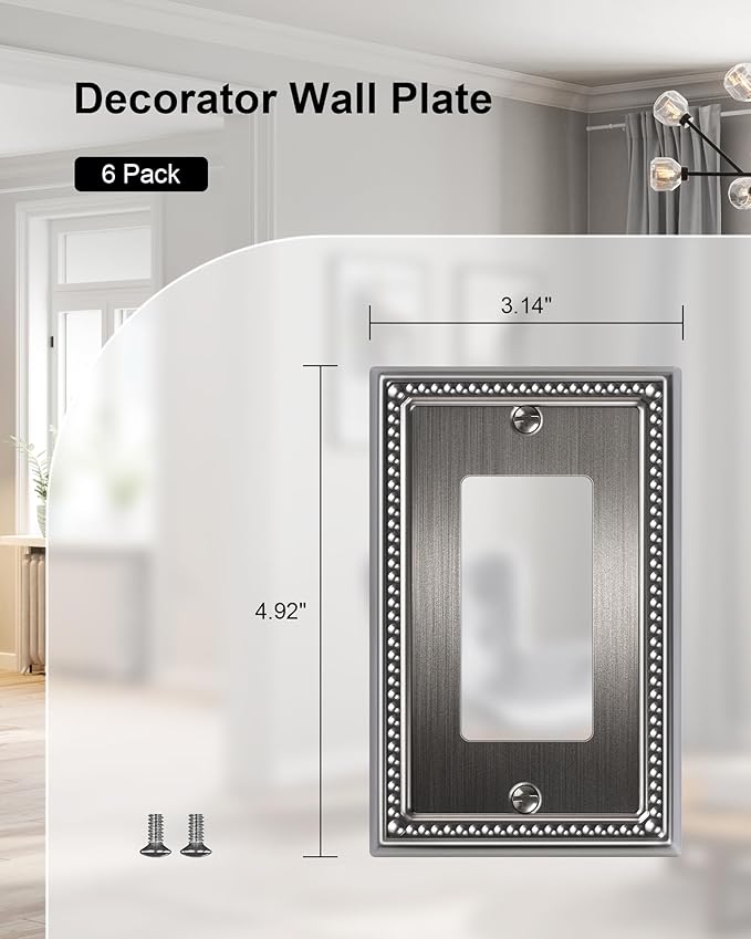 6-Pack Decorator Outlet Cover Plate, Pearls Decorative Switch Plates and Outlet Covers, Antique Silver Metal Wall Plates for Electrical Outlets