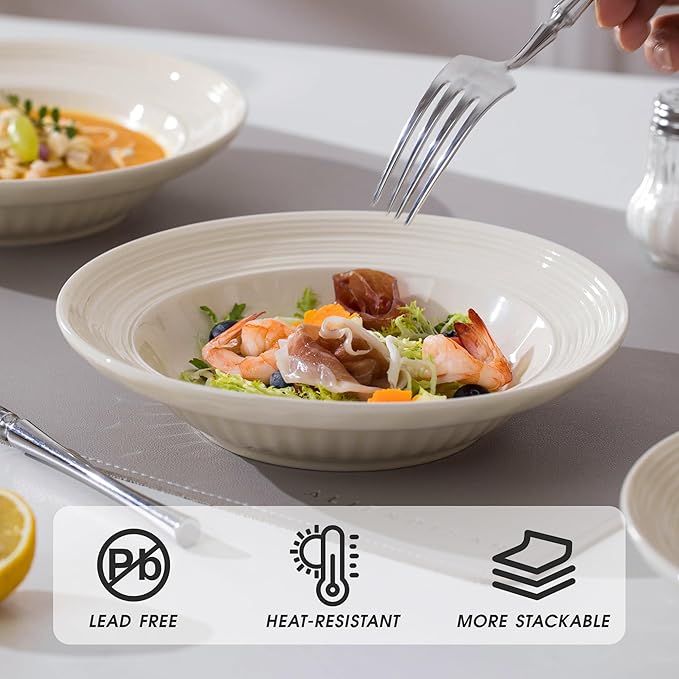 Wide Rim Soup Bowls, 11oz Small Capacity Rimmed Pasta Bowls Set of 4, 8 Inch Ceramic Salad Bowl, Shallow Plates, Elegant Dinner Cereal Serving - Microwave Dishwasher Oven Safe - Beige