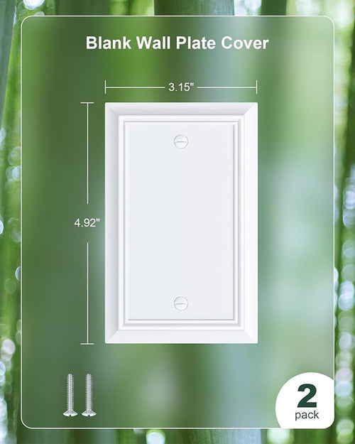 2-Pack Single Blank Wall Plate, Durable Natural Bamboo Fiber Wall Plate Cover,Pure White 1 Gang Wall Plate for Unused Outlets/Switches, Corrosion Resistant