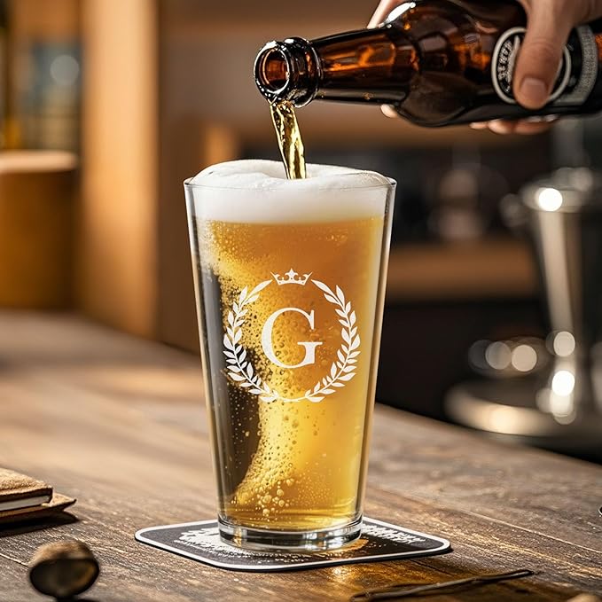 Personalized Beer Glasses Gifts for Men, 16 oz Pint Glasses Monogrammed A-Z Drinking Glass Cups Customized Gift, Unique Christmas Anniversary Birthday Gifts for Men Him Dad Brother Husband Grandpa (G)