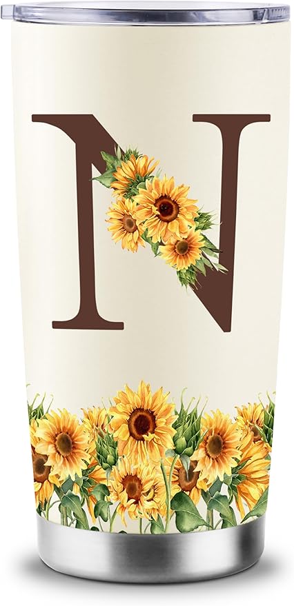 Sunflower Gifts for Women - Personalized Christmas Gifts for Women - Birthday Gift for Woman - Mothers Day Gift for Mom - Monogrammed, Initial 20oz Travel Cup Insulated Tumbler with Lid, N