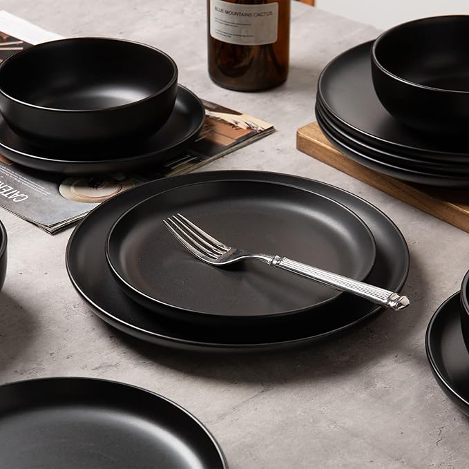 12-Piece Stoneware Dinnerware Set with Mugs | Microwave and Dishwasher Friendly | Stackable Matte Glaze Plates & Bowls | Service for 3 (Black for 4)