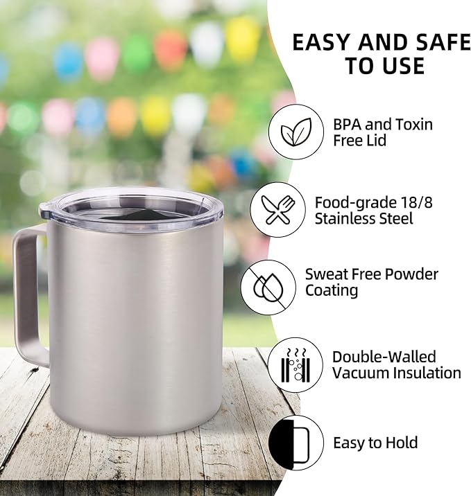 Volhoply 14oz Insulated Stainless Steel Coffee Mug with Lid Bulk 4 Pack,Double Wall Vacuum Travel Coffee Cup with Handle,Reusable Metal Cups Tumbler,Camping Mugs Keep Hot,Ideal Gifts(Silver,4)