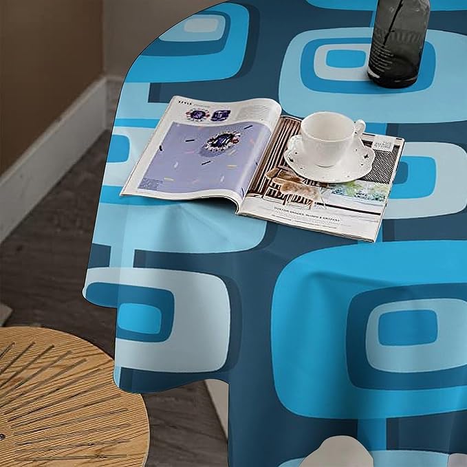 Mid Century Boho Round Tablecloth, Blue Mid Century Modern Art Abstract Geometric Pattern Retro Vintage Style Tablecloth for Home Party Dining Room Kitchen Decor 60Inch(152cm)