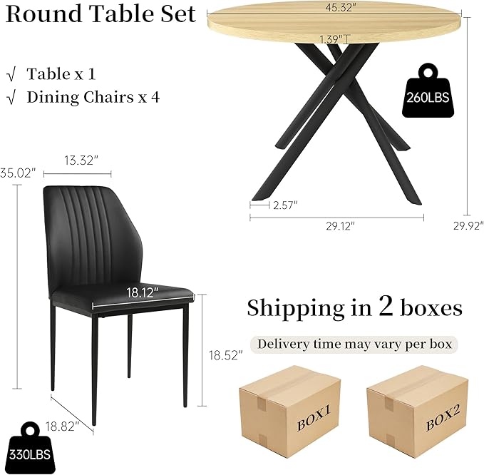 45.3 Inch Round Dining Table Set for 4, Mid Century Modern Coffee Set for Dining Room Kitchen Apartment (Cream Table + 4 Black Chairs)