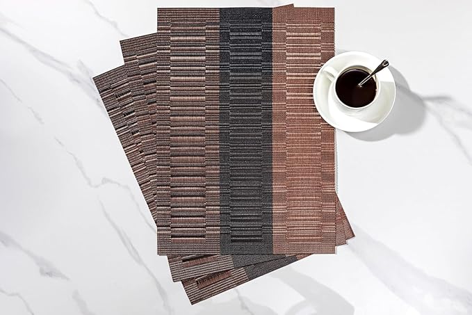 LEXMORE PlaceMats Set of 12 Vinyl/Plastic Woven Place Mats for Kitchen Table Indoor/Outdoor Washable PlaceMat Wipeable Dining Table Mats(Ombre Brown Black)
