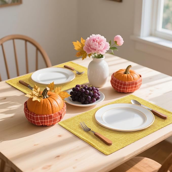 Homaxy Cloths Placemats for Dining Table Set of 6, Heat Resistant Washable Cotton Linen Blend Table Mats, Place Mats for Indoor Outdoor Party Kitchen Decoration, 13" x 19", Mustard Yellow