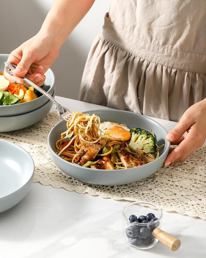 Pasta Bowls – Large Serving Bowls, 34oz Ceramic Plates Set of 2 for Salad, Pasta, Dishes – Microwave Safe, Cooking， Family Dinners, Couples & Parties，Grey