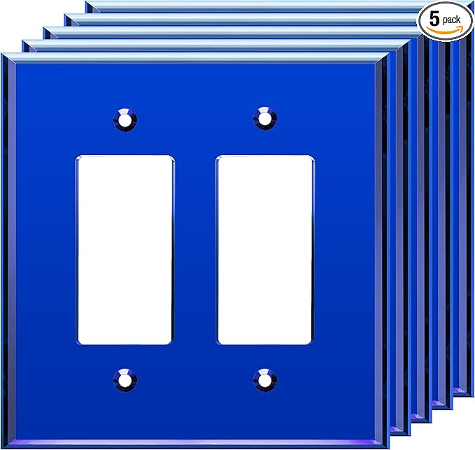 LIDER Double Decorator Wall Plate, Impact Resistant, Mirrored, Plexiglass Dual Outlet Cover or Light Switch Cover, Acrylic, Reflective Finish, Modern, Oversized 2-Gang 5.25" x 5.25", Blue, 5 Pack