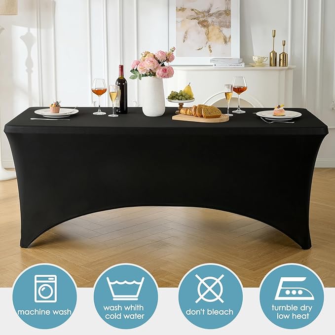 VidaFete Spandex Tablecloth 2 Pack 6FT, Fitted Stretch Table Cover for Rectangle Tables, Wrinkle Resistant and Washable Tablecloths for Outdoor, Picnic, Party, Wedding, Banquet, Birthday, Black