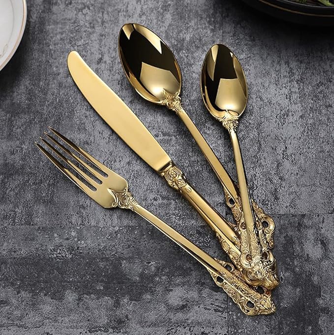 Gold Silverware Set for 14 Durable 18/10 Stainless Steel Flatware Set Palace Style Modern Cutlery Utensils Set 56 Piece Include Knives Forks and Spoons Tableware Set for Home Kitchen Restaurant