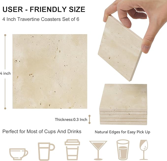 Square Travertine Coasters Set of 6, Porous Natural Stone Absorbent Coaster with Velvet Backing for Table Protection, Rustic Beige Marble Coasters for Home Table Decor, 4 Inches