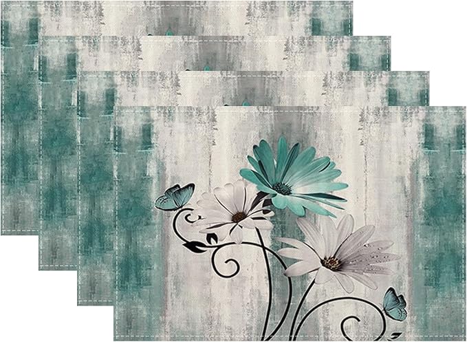 Floral Placemats 12x18 Inches Set of 4, Teal Blue Daisy Floral Decorative Modern Placemats Rectangle Linen Table Mats for Party, Home Kitchen,Dining Table Decoration