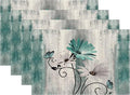 Floral Placemats 12x18 Inches Set of 4, Teal Blue Daisy Floral Decorative Modern Placemats Rectangle Linen Table Mats for Party, Home Kitchen,Dining Table Decoration