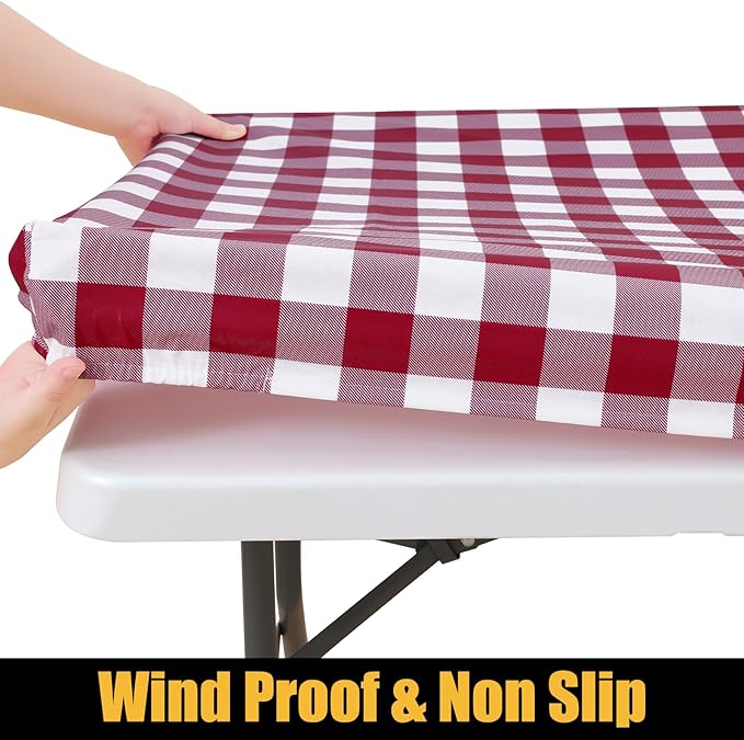 Smiry Rectangle Picnic Table Cloth, Elastic Waterproof Fitted Vinyl Tablecloths, Flannel Backed Buffalo Plaid Table Covers for Dining, Camping, Outdoor (Burgundy and White, 30" x 60")