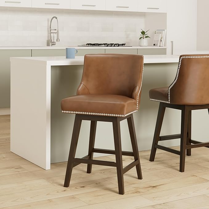 CHITA Counter Height Swivel Bar Stools, FSC Certified Upholstered Counter Stools, Modern Swivel Barstools with Wood Legs for Kitchen Island, 26" Seat Height, Faux Leather in Saddle Brown