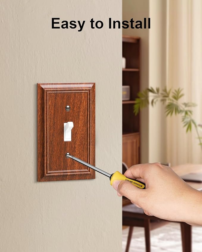 6-Pack Single Toggle Light Switch Cover Plate, Durable Natural Bamboo Fiber Decorative Switch Plate Covers, Wood Grain 1 Gang Wall Plate, Corrosion Resistant