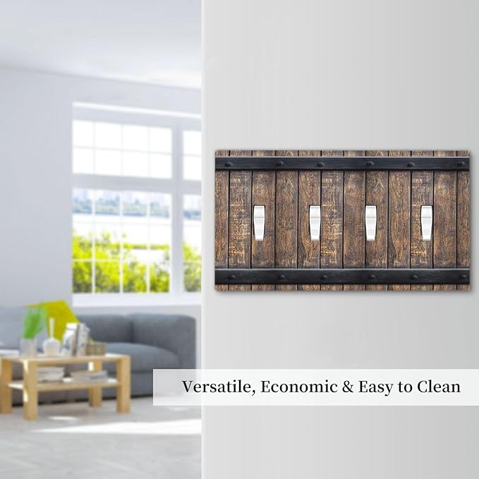 Light Switch Cover Rustic Barn Door Vintage Country Wood Board 4 Gang Switch Plate Quad Toggle Wall Plates Decorative Switchplate Electrical Outlet Cover for Farmhouse Cabin Decor