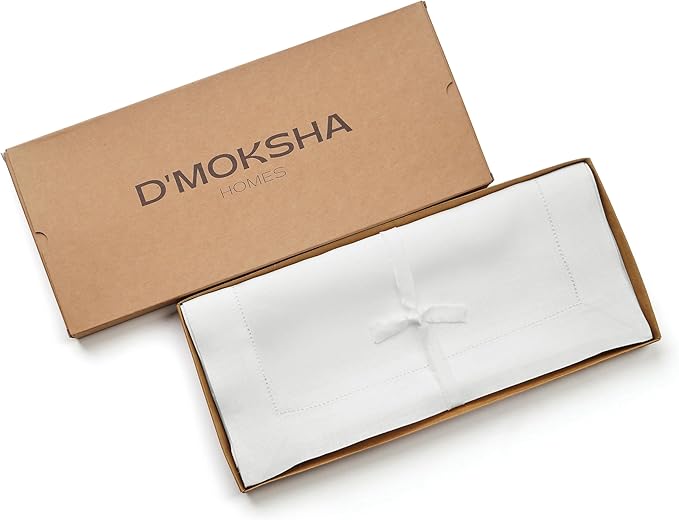 D'Moksha Homes Linen White Table Runner 120 Inches Long - 100% Pure Linen Hemstitch 14 x 120 Inch Table Runner for Dining, Valentines, Spring, Easter - Classic Hemstitch