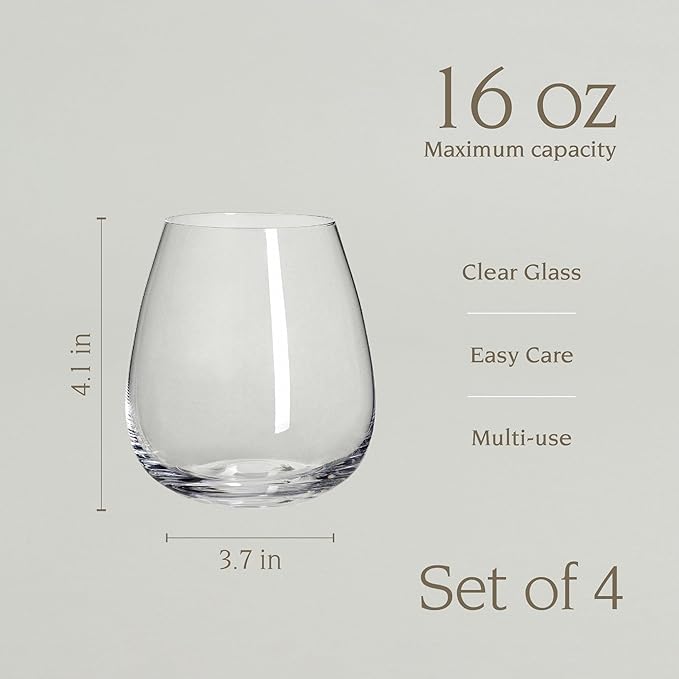 over&back 16oz Traditional Glassware - Set of 4 Classic Stemless Drinking Glasses for Parties, Get-togethers, and More - Mouth-Blown - Wine Cups for Kitchen and Dining Room - Clear
