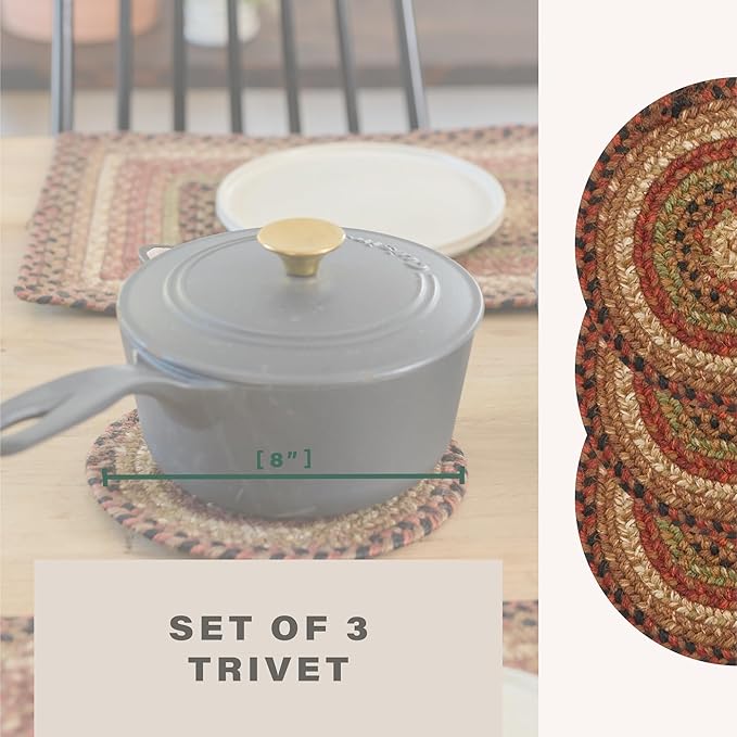 Homespice Gingerbread Jute Braided Trivets for Table, Warm Country Decor, Set of 3, Brown 8" Round Heat Resistant Mat - Rich Colors, Easy to Clean, Durable and Protects Furniture