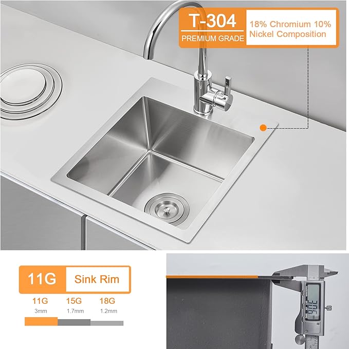 ROVATE 15 x 17 x 8 inch Drop in Bar or Kitchen Sink Single Bowl, Small Kitchen Sink Topmount, 304 Stainless Steel Bar Sinks Overmount Handmade with Basket Strainer