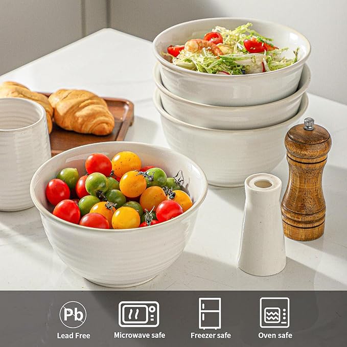 Soup Bowls, 40 Ounce Serving Bowls for Cereal Soup Salad Pasta Popcorn Oatmeal Breakfast, Durable Deep Ceramic Bowl Sets Suit For Housewarming, Microwave Safe & Dishwasher Safe, Arctic white